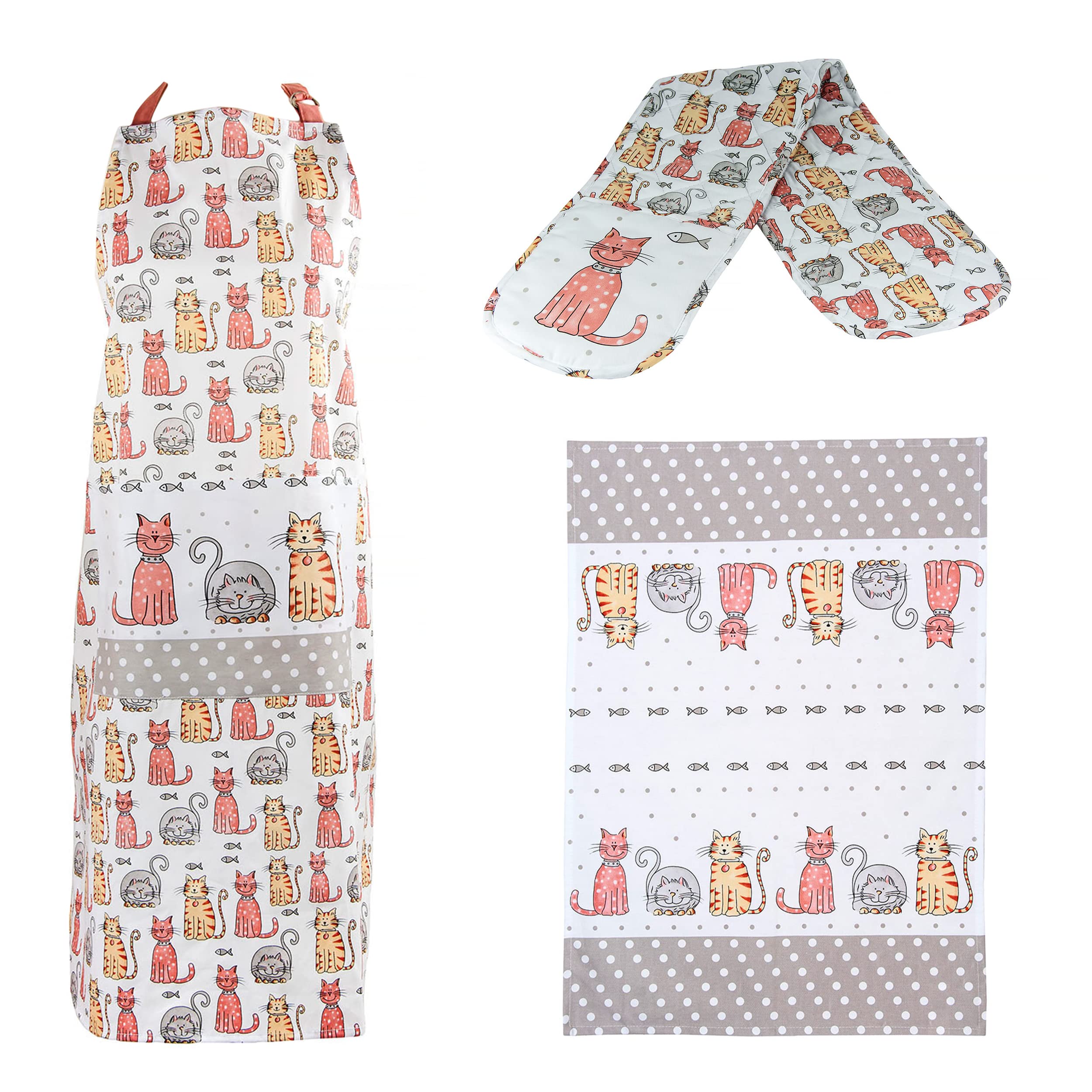 SPOTTED DOG GIFT COMPANY 3 Piece Kitchen Textiles Set - Cat Apron, Double Oven Gloves & Tea Towel, 100% Cotton, Cute Animal Themed Kitchen Accessories for Cooking & Baking, Gifts for Cat Lovers