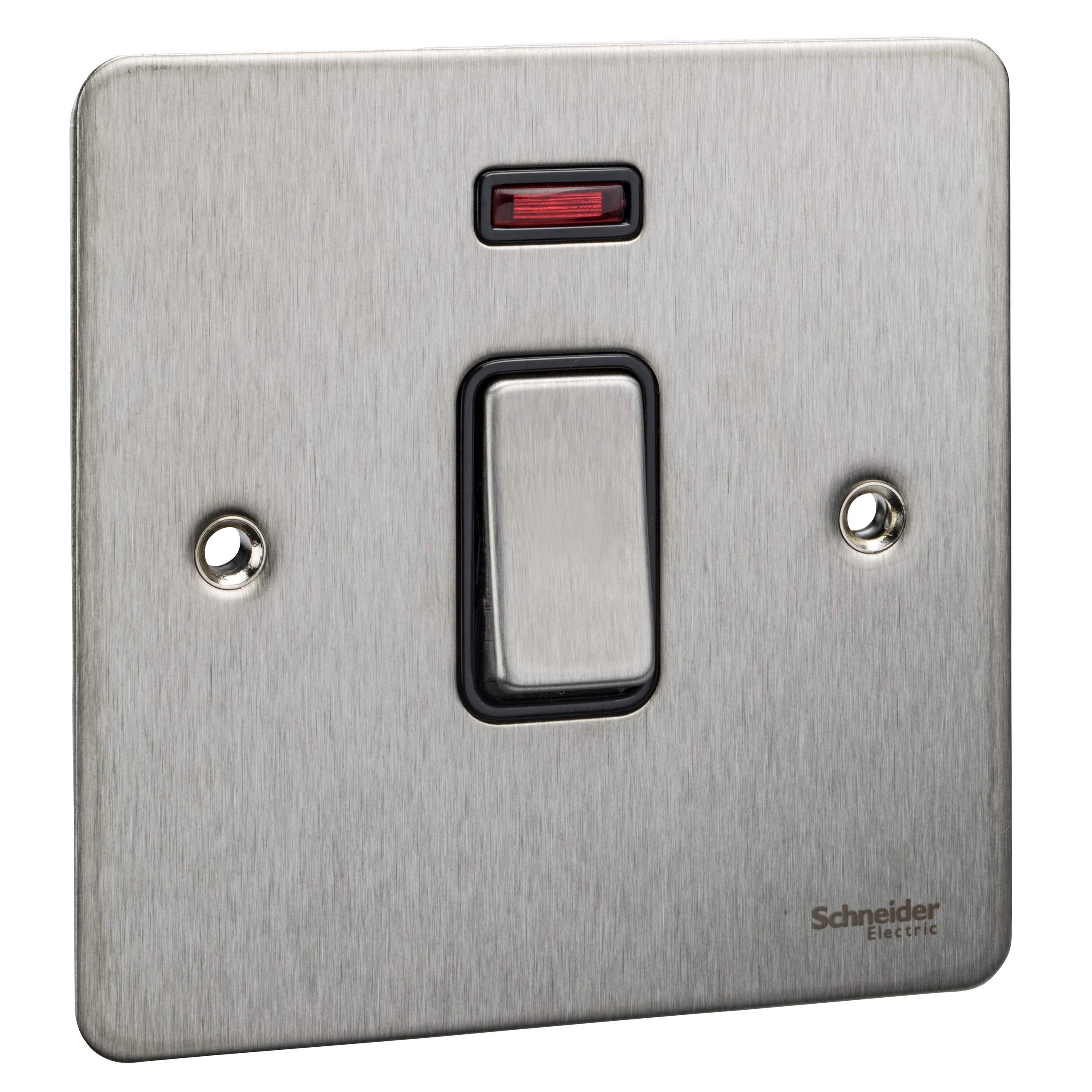 Schneider Electric Ultimate Flat Plate - Single Light Switch, with Neon Indicator, Double Pole, 32A, GU4231BSS, Stainless Steel with Black Insert