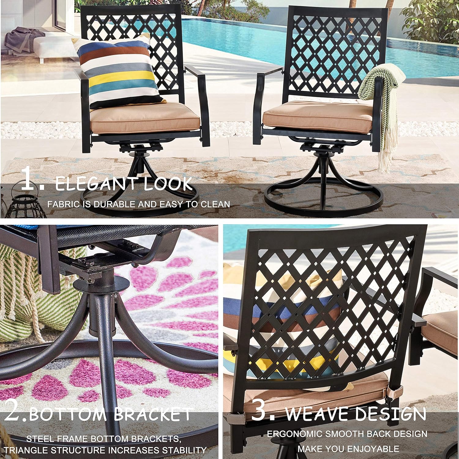 LOKATSE HOME 3 Pieces Patio Swivel Set Outdoor Metal Steel Furniture with 2 Dinning Chairs and Umbrella Side Square Table, bar, Beige Cushions: Garden & Outdoor