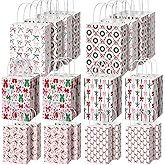 AmazingSpark 24 Pcs Pink and Red Bow Christmas Gift Paper Bags Bulk with Handles Assorted Sizes Paper Treat Goodie Wrapping Holiday Party Favors for Baby Shower Stocking Stuffer Present