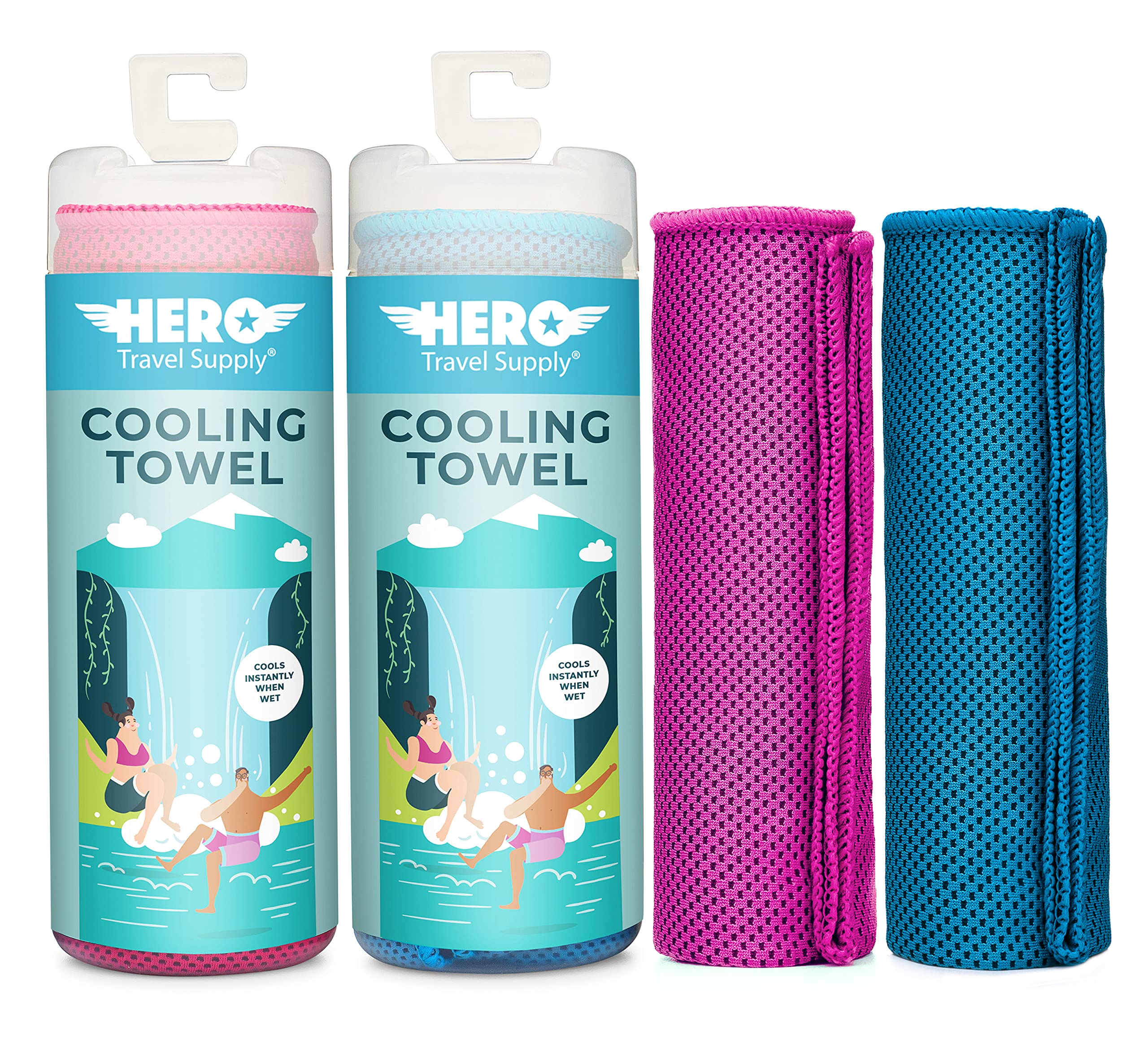 Hero Travel Supply Cooling Towel for Travel, Hiking, Sports, Yoga (2-Pack) Ultra Soft Microfiber, Pink/Blue, 40" x 12 "