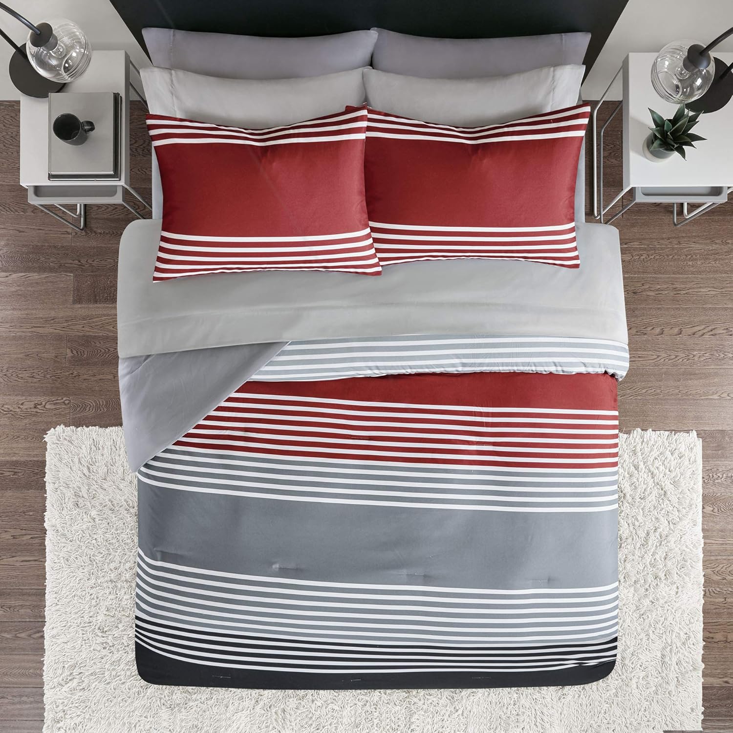 Comfort Spaces Colin 9 Piece Comforter Set All Season Microfiber Stripe Printed Bedding and Sheet with Two Side Pockets, Full, Red/Grey: Home & Kitchen