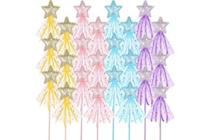 Honoson 24 Pcs Glitter Star Magic Wand Princess Wand Fairy Angel Star Stick with Ribbon for Girl Kid Birthday Wedding Princess Dress up Role Play Party Supply Favor, Pink Purple Gold Blue