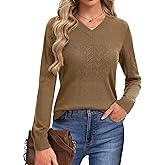 YUCOLEN Women's Wool Hollow Out Sweaters Long Sleeve Crochet Pullover V Neck Sweater Lightweight Knit Tops