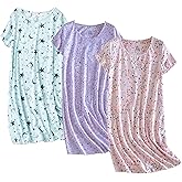 PNAEONG 3 Pack Women's Cotton Nightgown Sleepwear Short Sleeves Shirt Casual Print Sleepdress