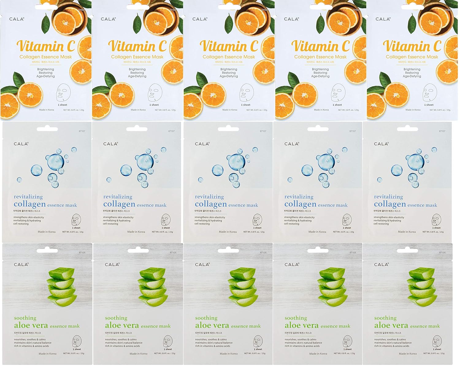 CALA 15 Pieces Combo Pack Essence Full Face Facial Mask Sheets - 5 Pieces Vitamin C Masks, 5 Pieces Aloe Vera Masks. 5 Pieces Collagen Masks, Made in Korea