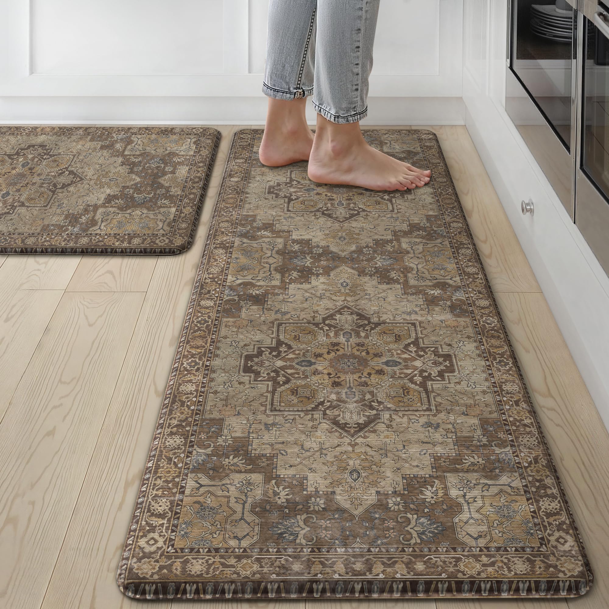 Photo 1 of GENIMO Kitchen Mats for Floor 2PCs, Washable Anti Fatigue Mat for Cushioned, 17.3"x47"+17.3"x30", Waterproof Kitchen Rugs, Non Slip Comfort Standing Mat Rug for Home, Sink, Laundry, Rustic Brown