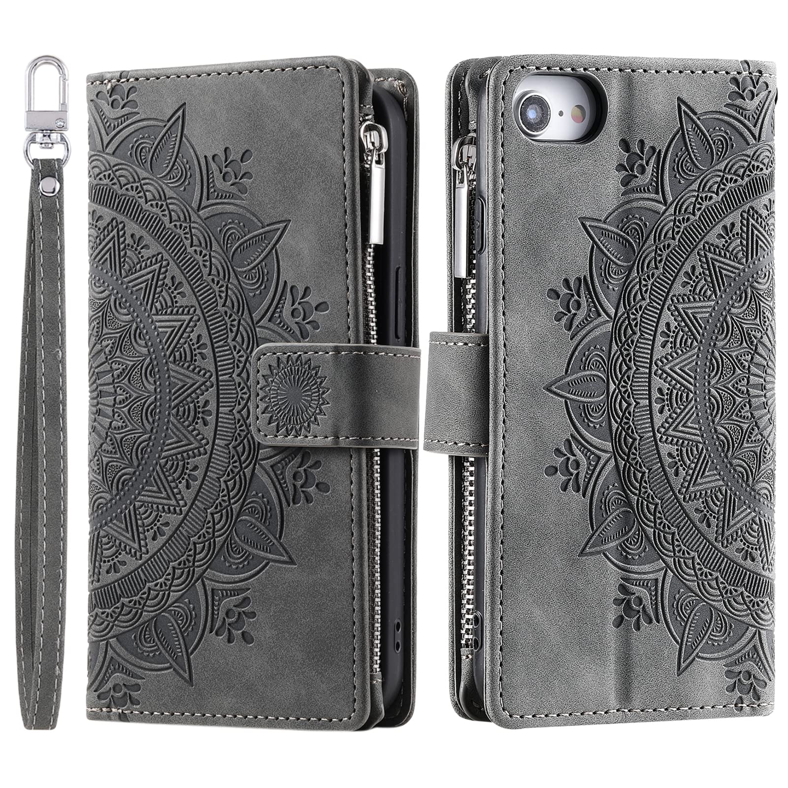 VEEMOS Wallet Case for iPhone SE 2022/2020, iPhone 7/8 Flower Flip Case Protective Leather Folio Book Phone Cover with Card Slots Kickstand Zipper Pocket - Grey
