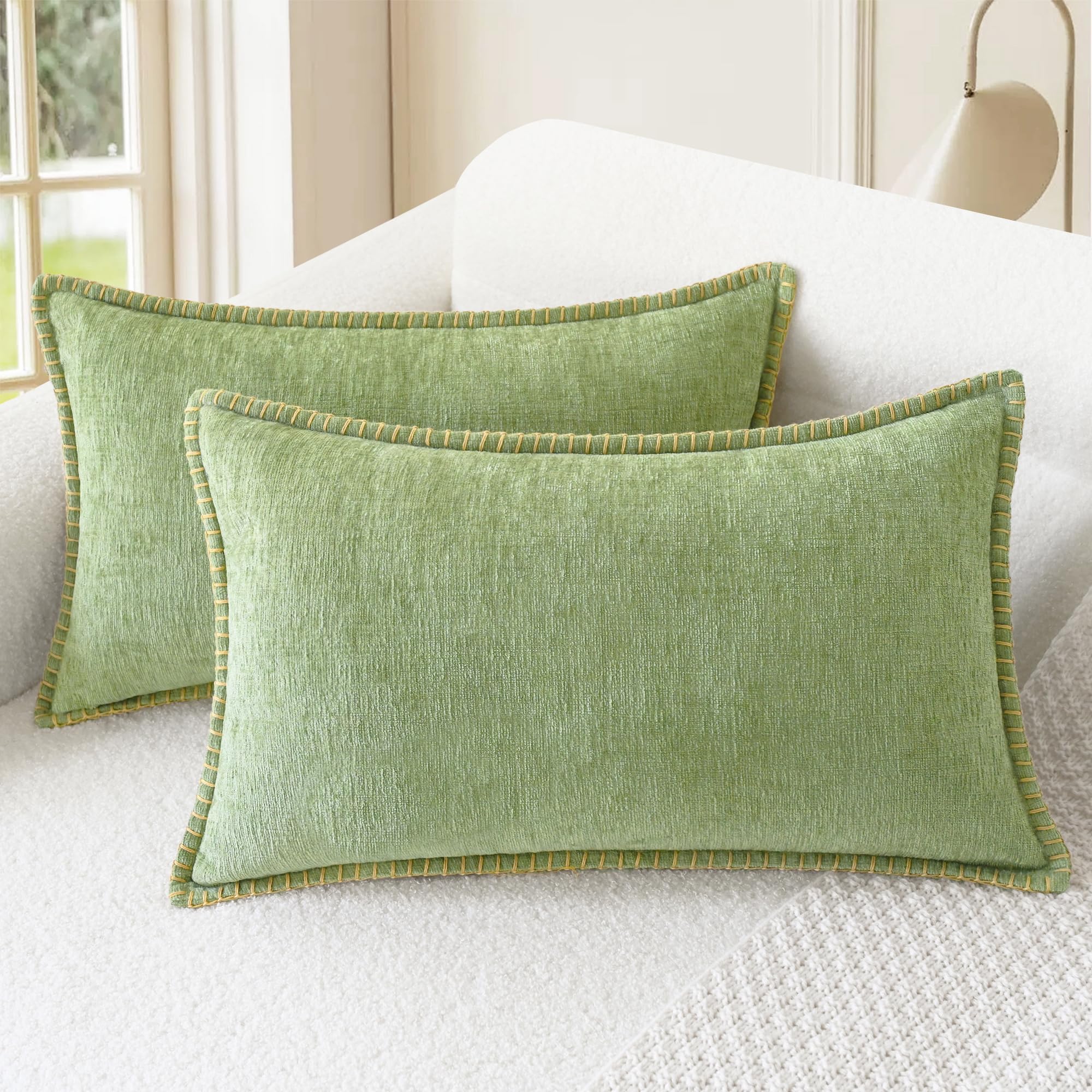 CaliTime Throw Pillow Cases Pack of 2 Cotton Thread Stitching Edges Solid Dyed Soft Chenille Cushion Covers for Couch Sofa Home Farmhouse Decoration 30cm x 50cm Sage