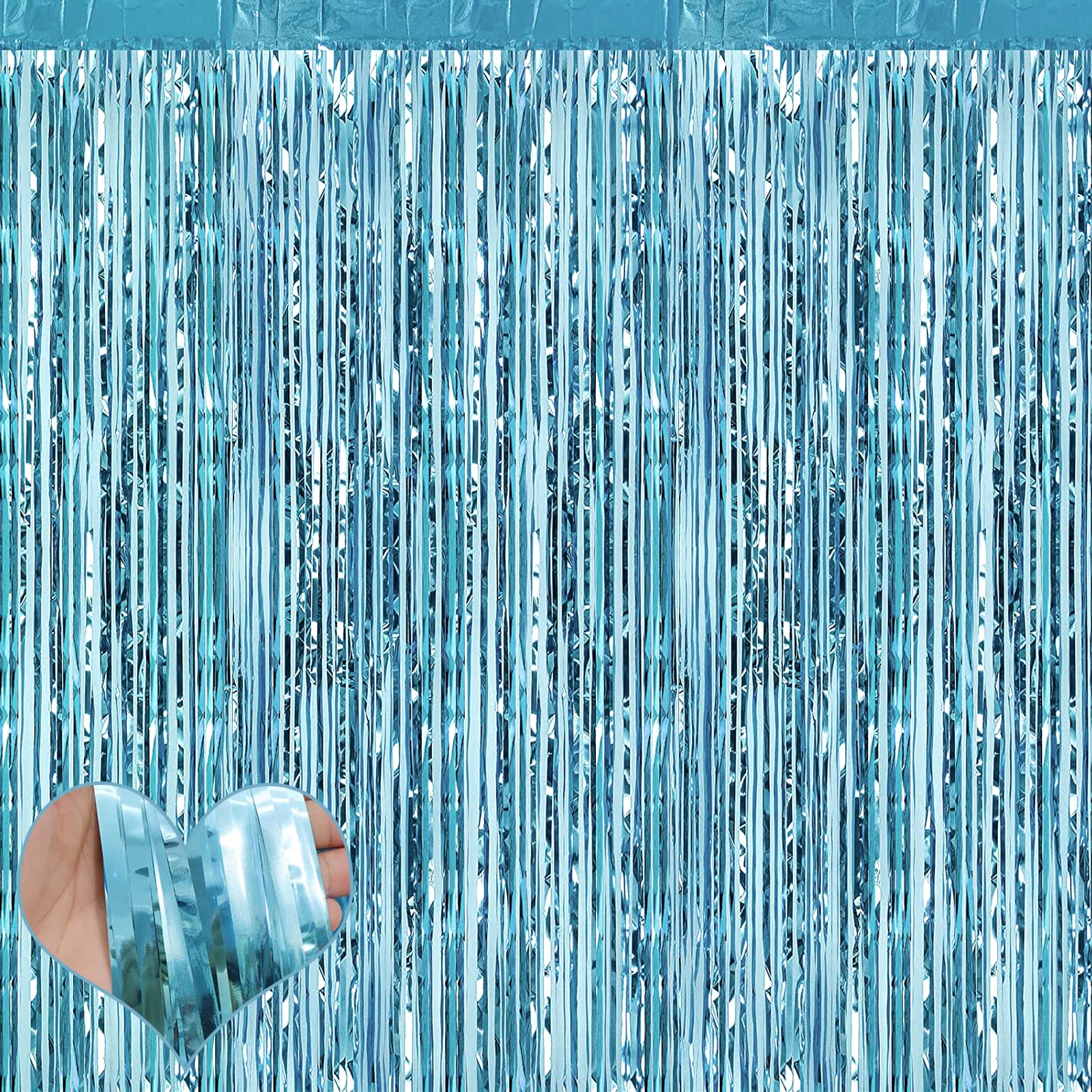 Photo 1 of 4 Pack Fringe Curtain Backdrop, 3.2Ft x 9.8Ft Light Blue Metallic Tinsel Foil Fringe Streamers Background for Photo Booth Birthday Wedding Baby Shower Easter Pool Ocean Underwater Party Decorations