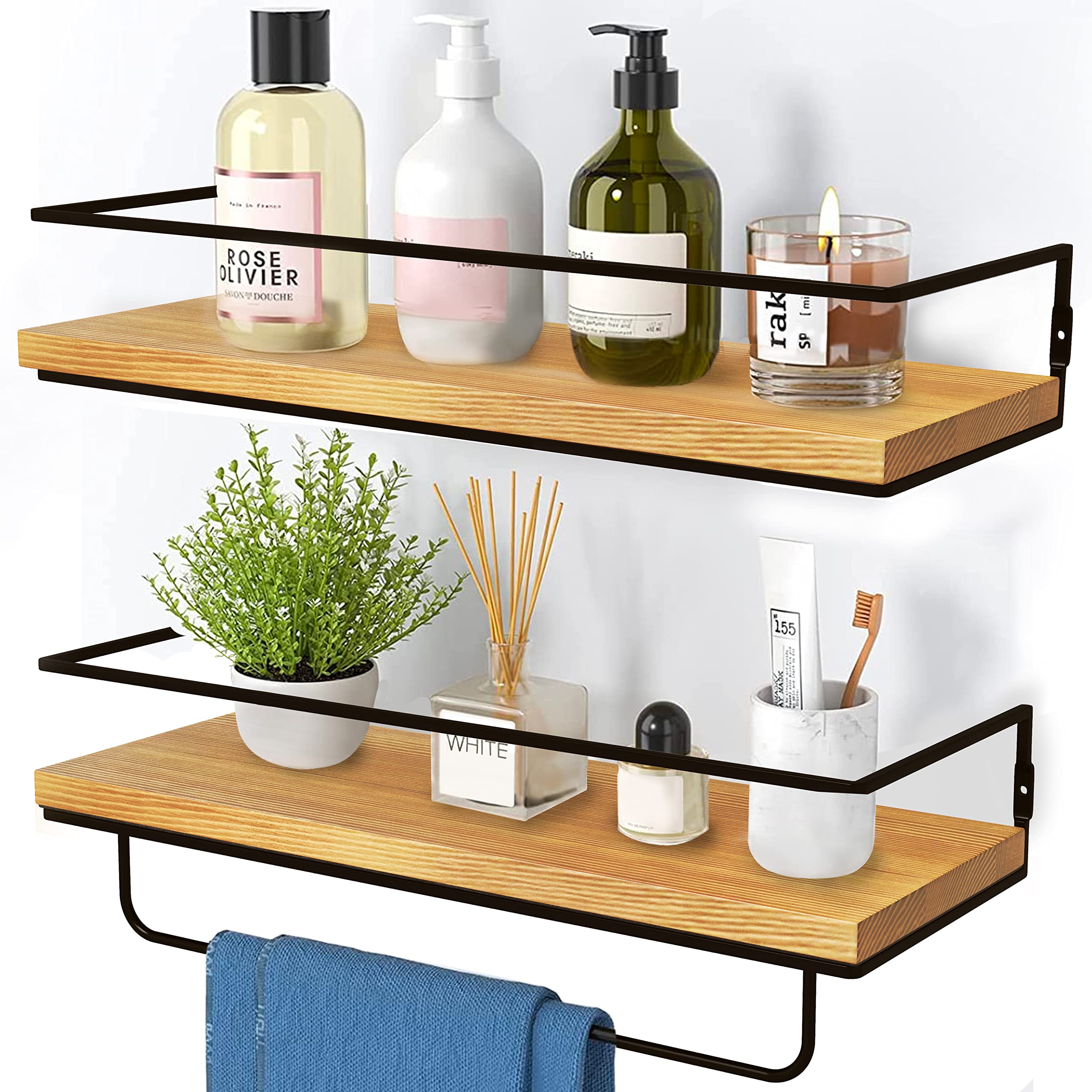 NUCAZA Wall Mounted Floating Shelves, 2 Wooden Bathroom Shelves 18kg Capacity, Hanging Wall Shelves for Bedroom, Kitchen Shelves, Living Room Accessories, Home Office Storage Organiser - Rustic Shelf