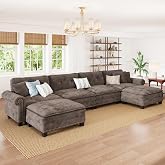 PHI VILLA 150" Oversized Modular Sectional Couch U Shaped for Living Room | Mid-Century Modern 6-Seater Cloud Sofa, Grayish Brown, Rolled Arms &amp; Nailhead Trim, Wider &amp; Deeper Seats, Ottoman, Chenille