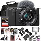 Sony ZV-E10 Mirrorless Camera with 16-50mm Lens &amp; Filter Kit (Black) Bundle | For Photography &amp; Video | 4K Video | 24.2 MP APS-C Sensor + 64GB Memory Card + 2x NPF-W50 Batteries + Photo Software