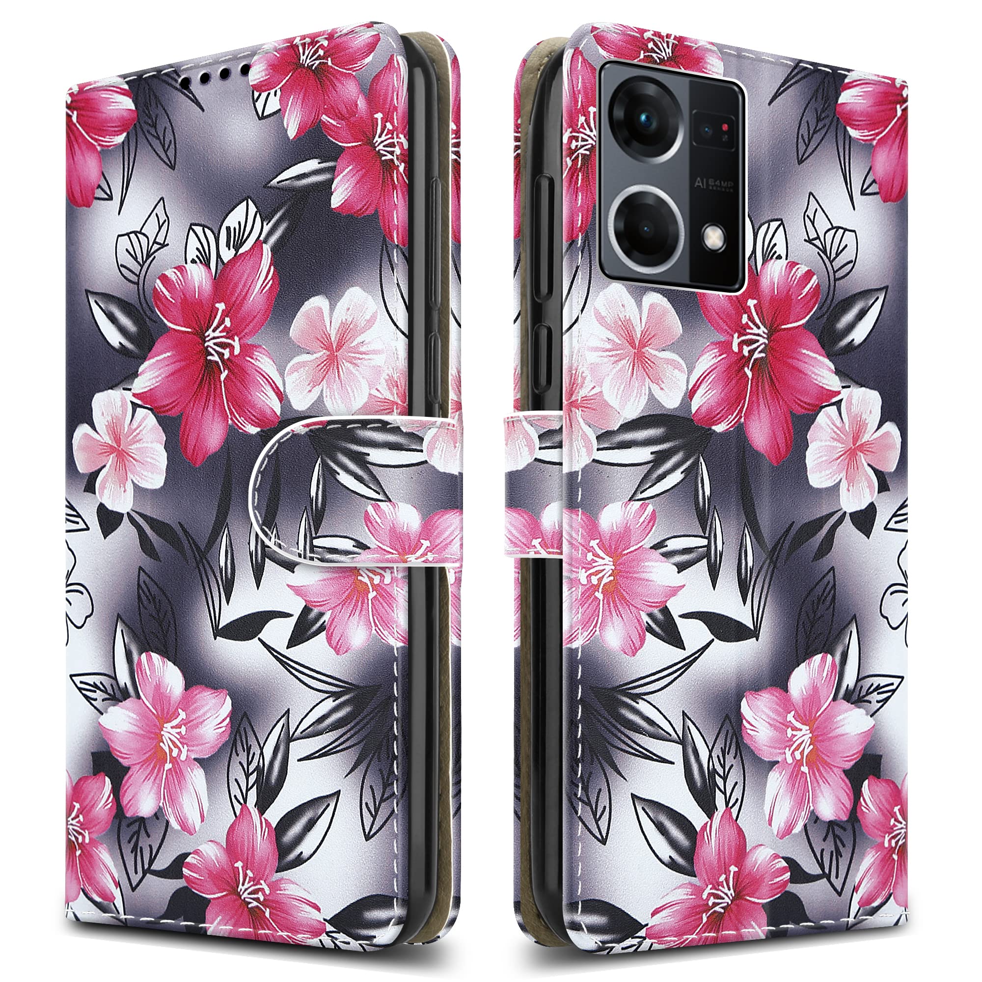 For Oppo Reno 7 4G Leather Phone Case, Magnetic Closure Full Protection Book Folio Design, Wallet Case Cover [Card Slots] and [Kickstand] For Oppo Reno 7 4G (6.43") - Flower Print