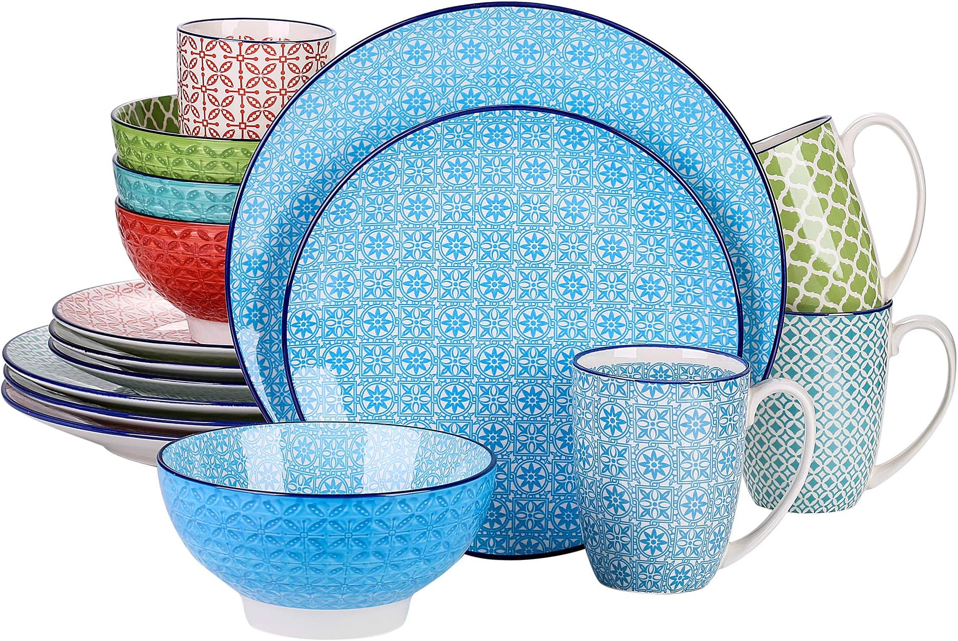 vancasso, Series Macaron, Porcelain Ceramic Dinnerware Set of 4 Patterned Service Set with Cups Bowls Dessert Dinner Plates, Service for 4