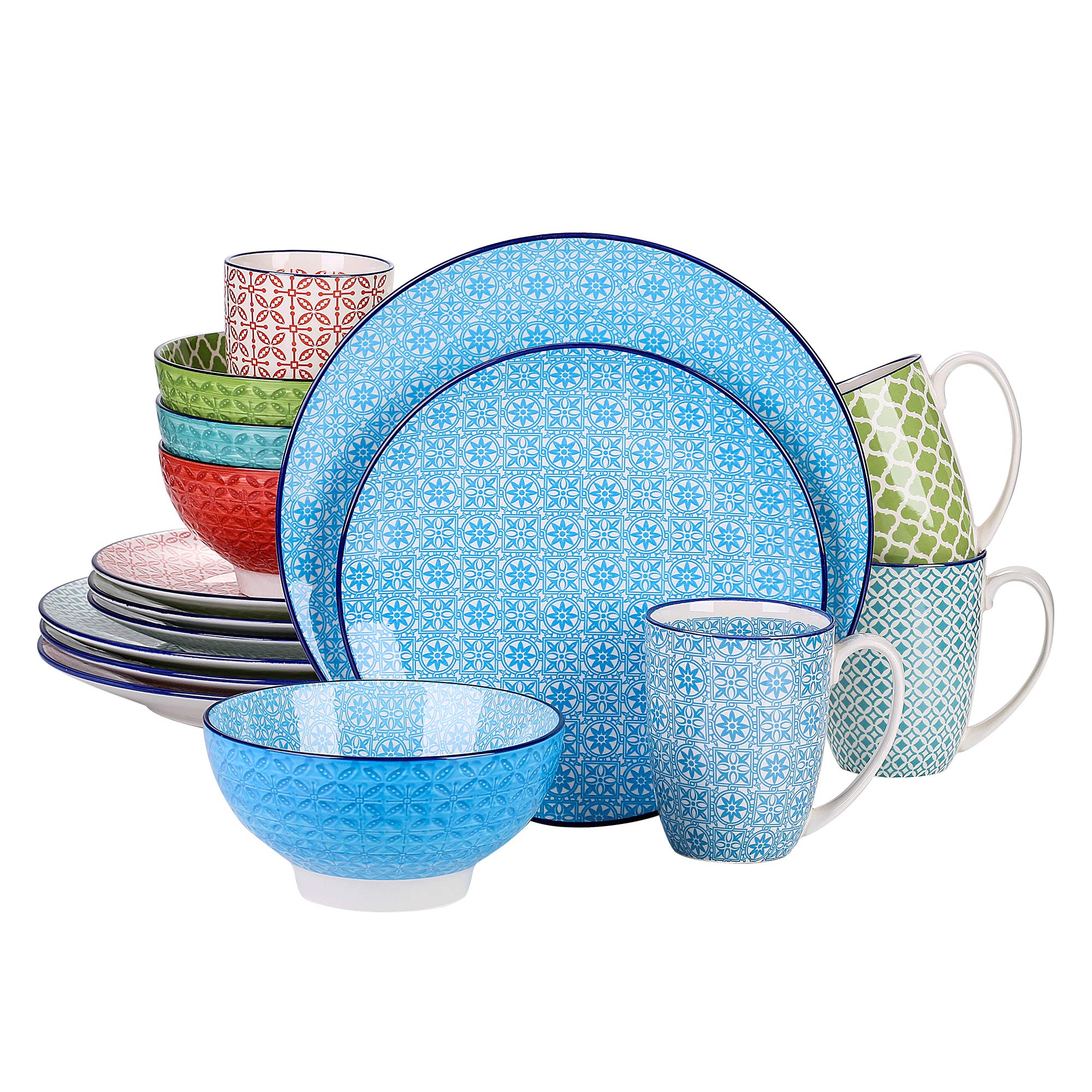 vancasso, Series Macaron, Porcelain Ceramic Dinnerware Set of 4 Patterned Service Set with Cups Bowls Dessert Dinner Plates, Service for 4