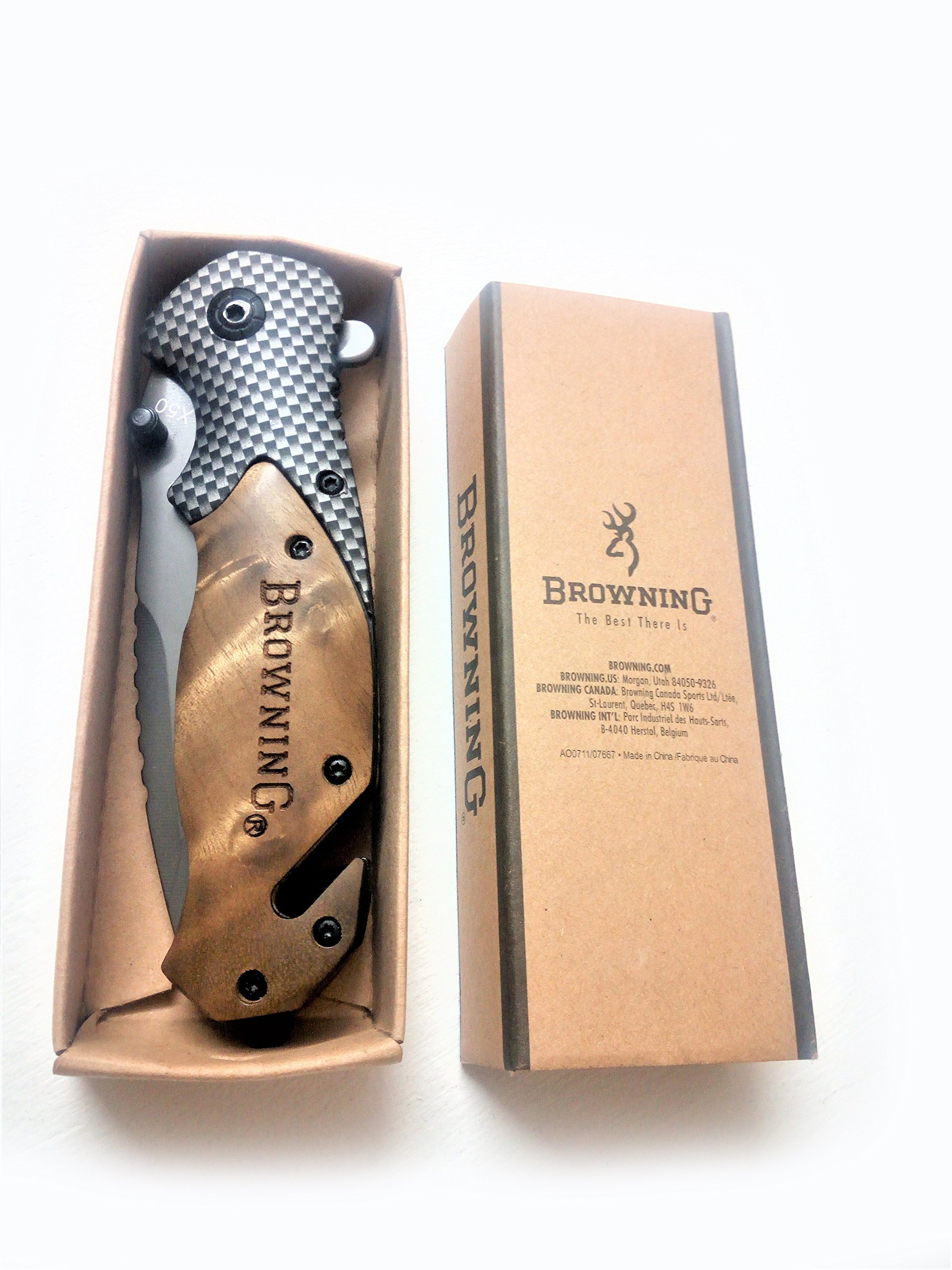 Brrrowning Hunting Folding Knife with Seat Belt Cutter and Slotted Screwdriver for Survival Camping Tactical, Gray Titanium Coating Blade and Wood Handle