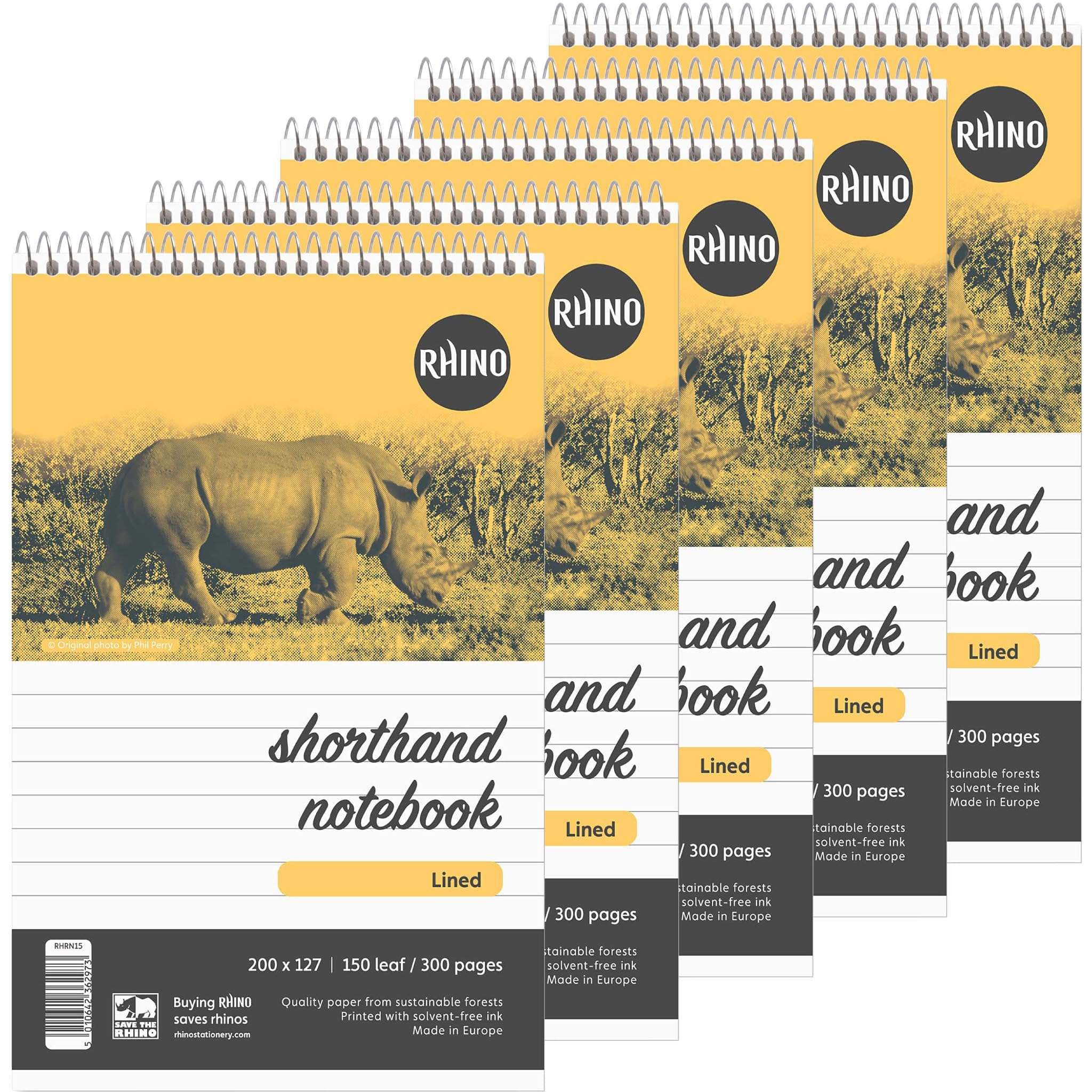 Rhino Shorthand Notebook, 300-Page / 8mm Lined Notepad, 5-Pack, Reporter's Spiral Notebook, Wirebound Writing Pad