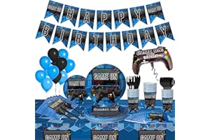 Scale Rank 83 Piece Video Gaming Party Supplies Set Including Banner Plates Cups Napkins Tablecloth X-Large Joy Stick Control