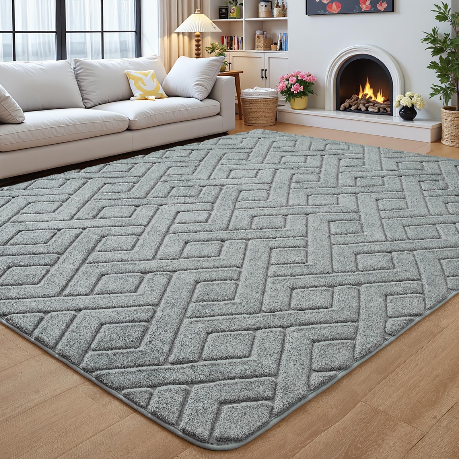 Flagover 4x6 Grey Washable Area Rug for Bedroom, Modern Geometric Shag Non-Slip Living Room Rugs, Fluffy Plush Soft Memory Foam Carpet for Kids Boys Room Nursery Room Dorm Bedside Decor