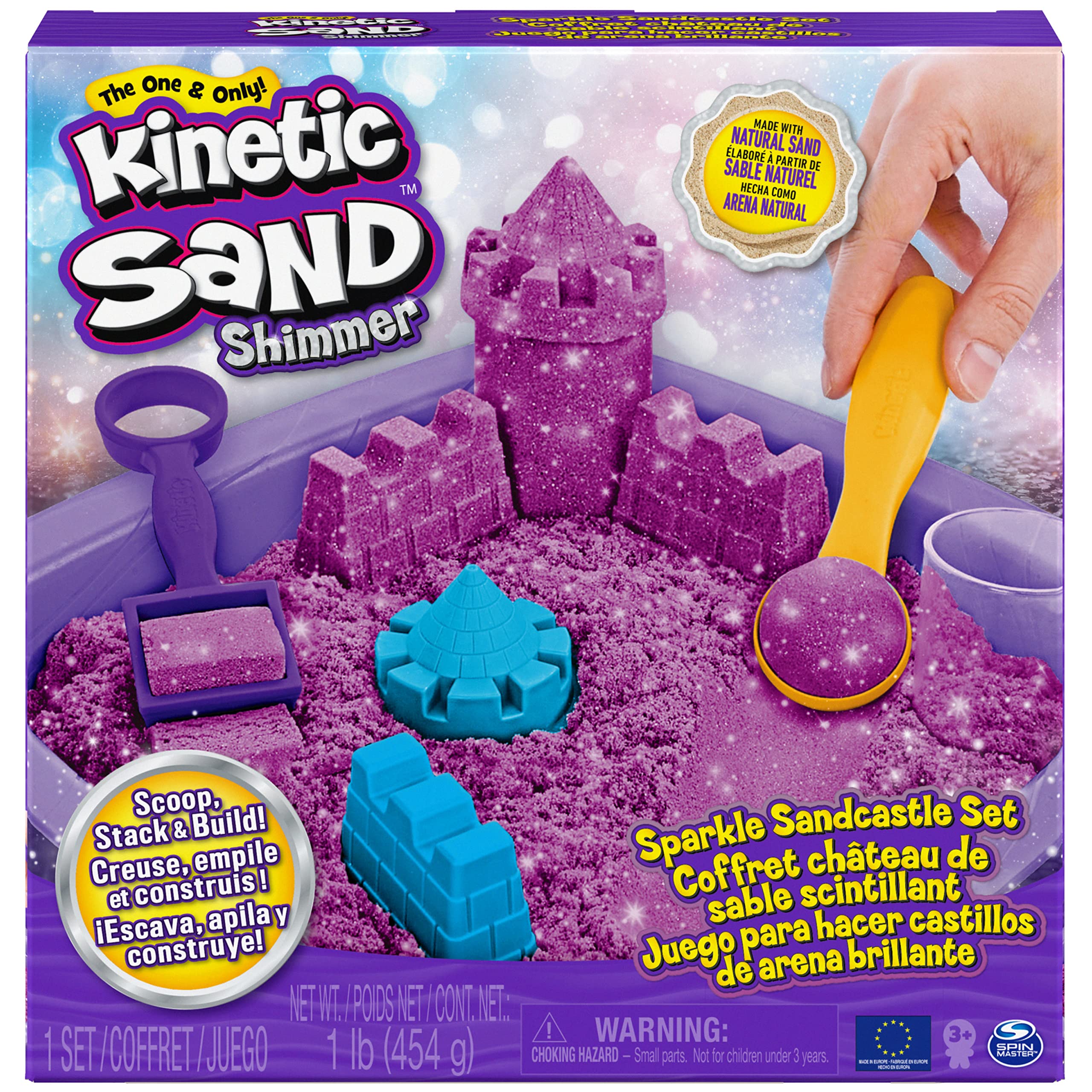 Kinetic Sand Shimmer Sandbox Set - with 454 g Magic Shimmer Sand in Purple, Tub and Accessories for Indoor Sand Play, from 3 Years