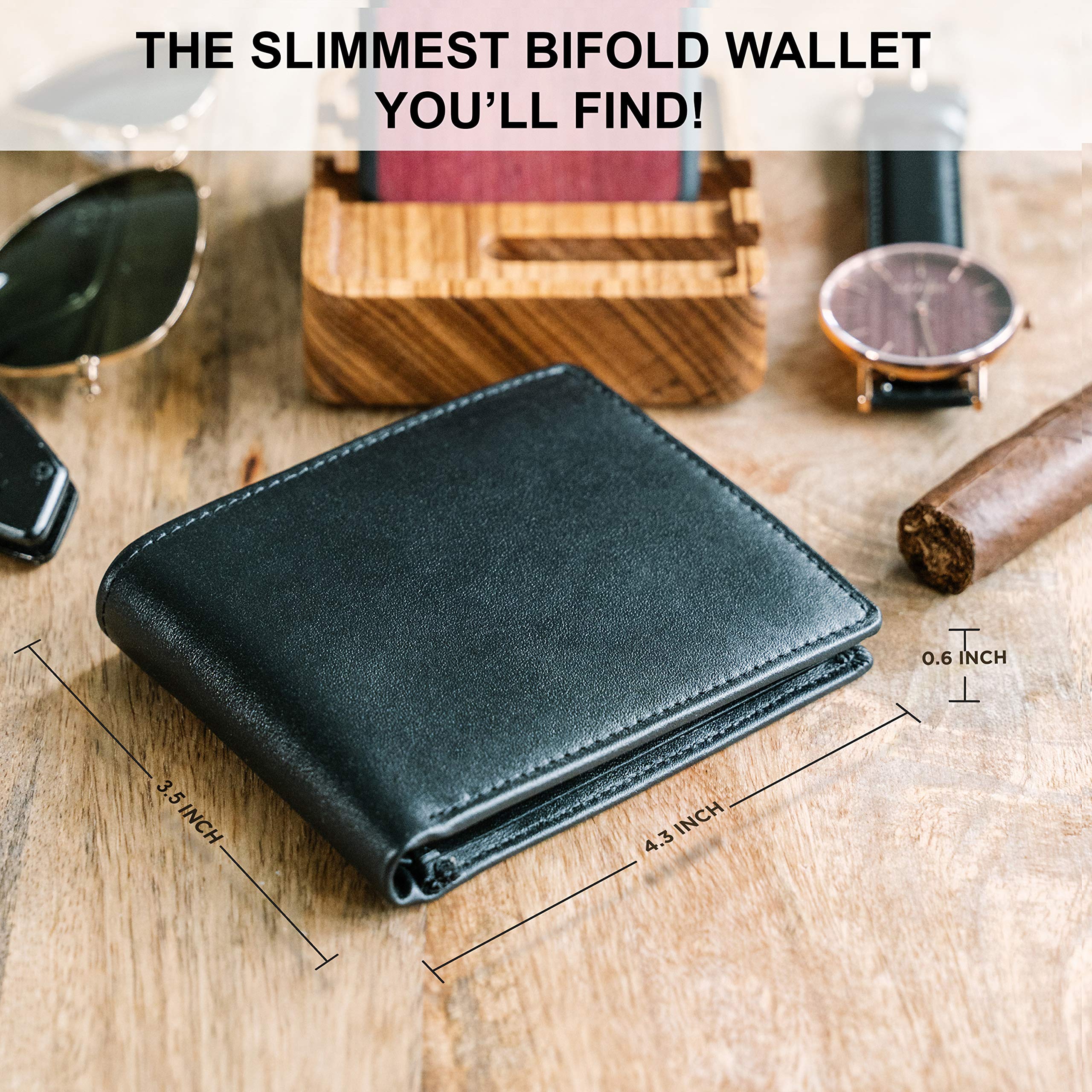 Top Grain Leather Wallet for Men | RFID Blocking | Extra Capacity Bifold Wallet with 2 ID Windows | Ultra Strong Stitching | Slim Billfold with 8 Card Slots | Gift for Him