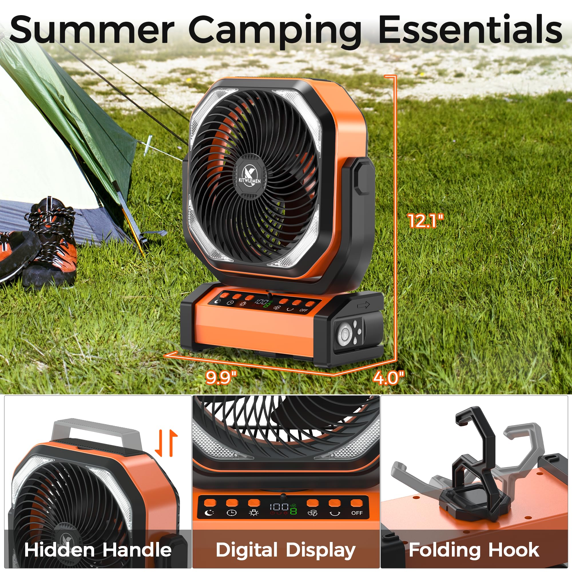 Camping Fan with Light - 20000mAh Rechargeable Battery Fan, 112Hrs Max Run Time, 8 Speeds, Digital Display, Timer, Auto Oscillation, 270° Pivot & Hook for Camping, Power Outage, Hurricane (Orange)