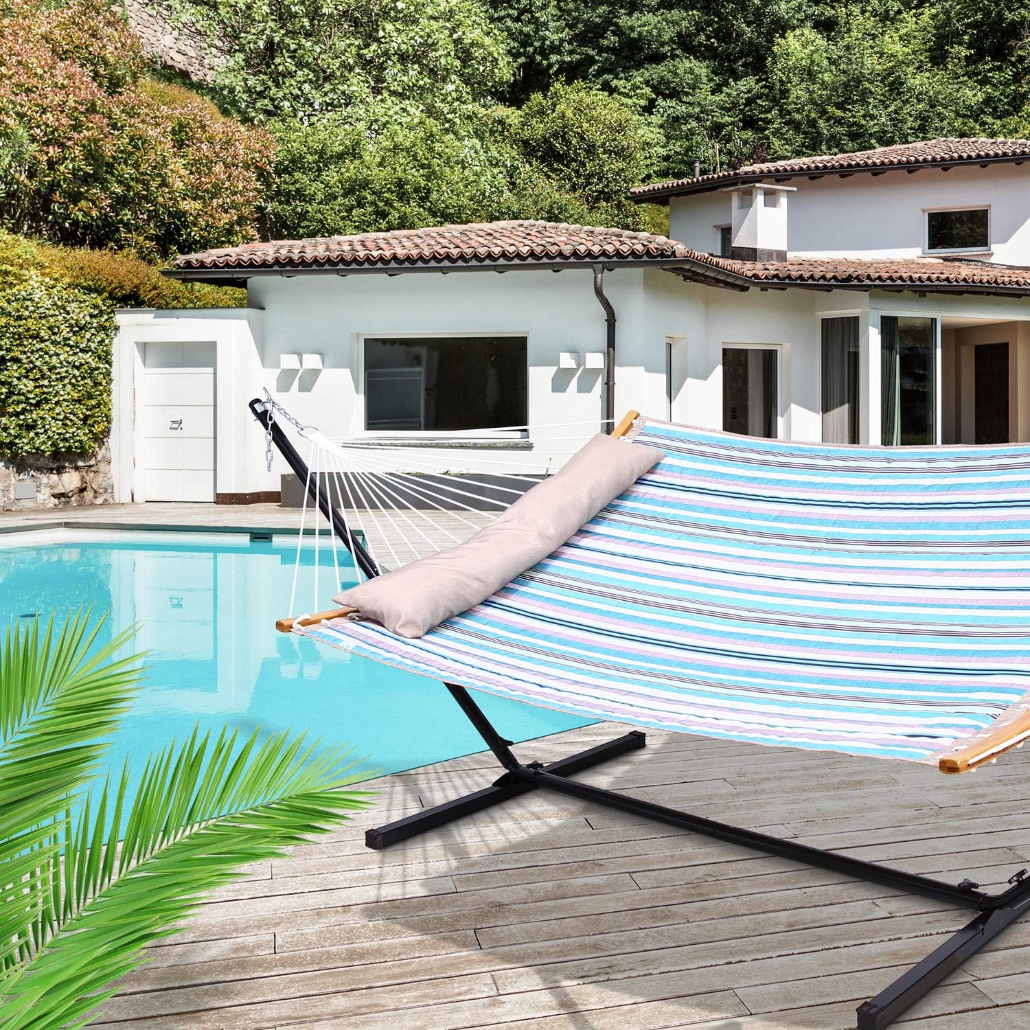 Ohuhu Double Hammock with 12.8 FT Hammock Stand, 55" x 75" Quilted Fabric Hammock Swing with Strong Curved-Bar Bamboo & Pillow, Stable Detachable Metal Stand, Bonus 2 Carrying Bag, Blue & White Strip: Furniture & Decor