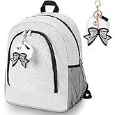 Noveread Large Cheer Backpack with Bow Keychain Cheerleading Glitter Backpack Cheerleaders Gift Cheer Bags for Sport (Silver)