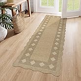 LIVEBOX Scalloped Easy Jute Diamond Rug for Kitchen, Washable 2x6 Runner Tan Rugs for Entryway, Geometric Checkered Indoor Outdoor Farmhouse Non Slip Rug Morden Carpet Mat Area Rug for Hallway