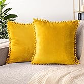 PAVILIA Mustard Yellow Throw Pillow Covers with Pom Pom 18x18 Set of 2, Decorative Pillow Cases for Bedroom Aesthetic, Small Throw Pillows Set for Bed, Velvet Euro Plush Cushion Covers for Sofa Couch