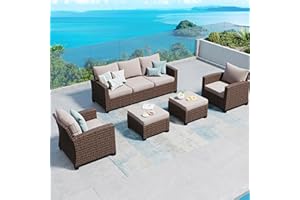 SUNSHINE VALLEY Patio Furniture Set Outdoor Furniture Brown Wicker Rattan Patio Conversation Sets with Cushion Outside Sofa Set,5 Pieces 7 Seats,Beige
