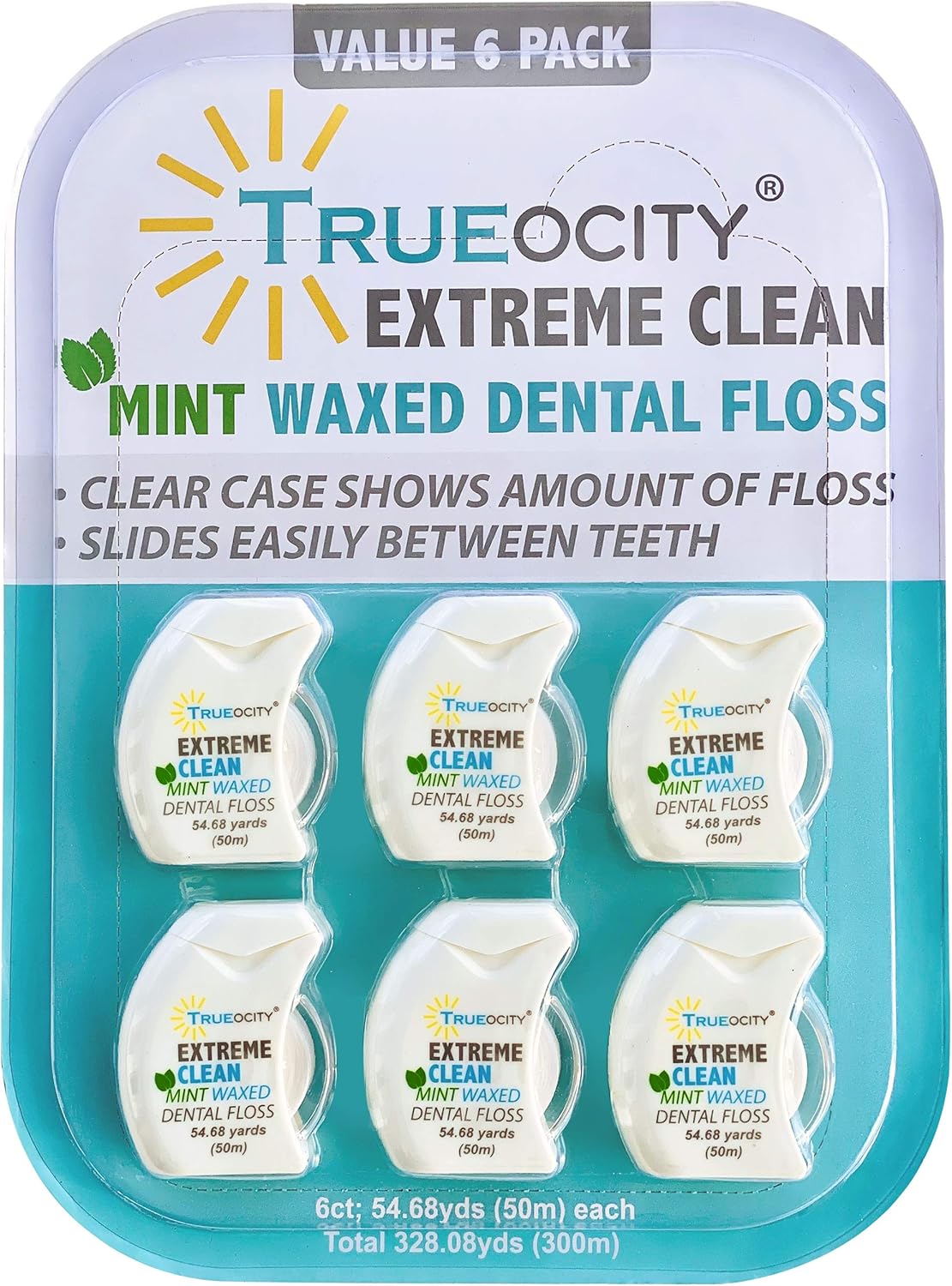 Trueocity Dental Floss 6 Pack, Mint Natural Waxed for Comfort Flossing, Extreme Clean for Adults, Teens, Kids, Ez Stand Upright Holder with Clear Side, Perfect Size for Travel: Health & Personal Care