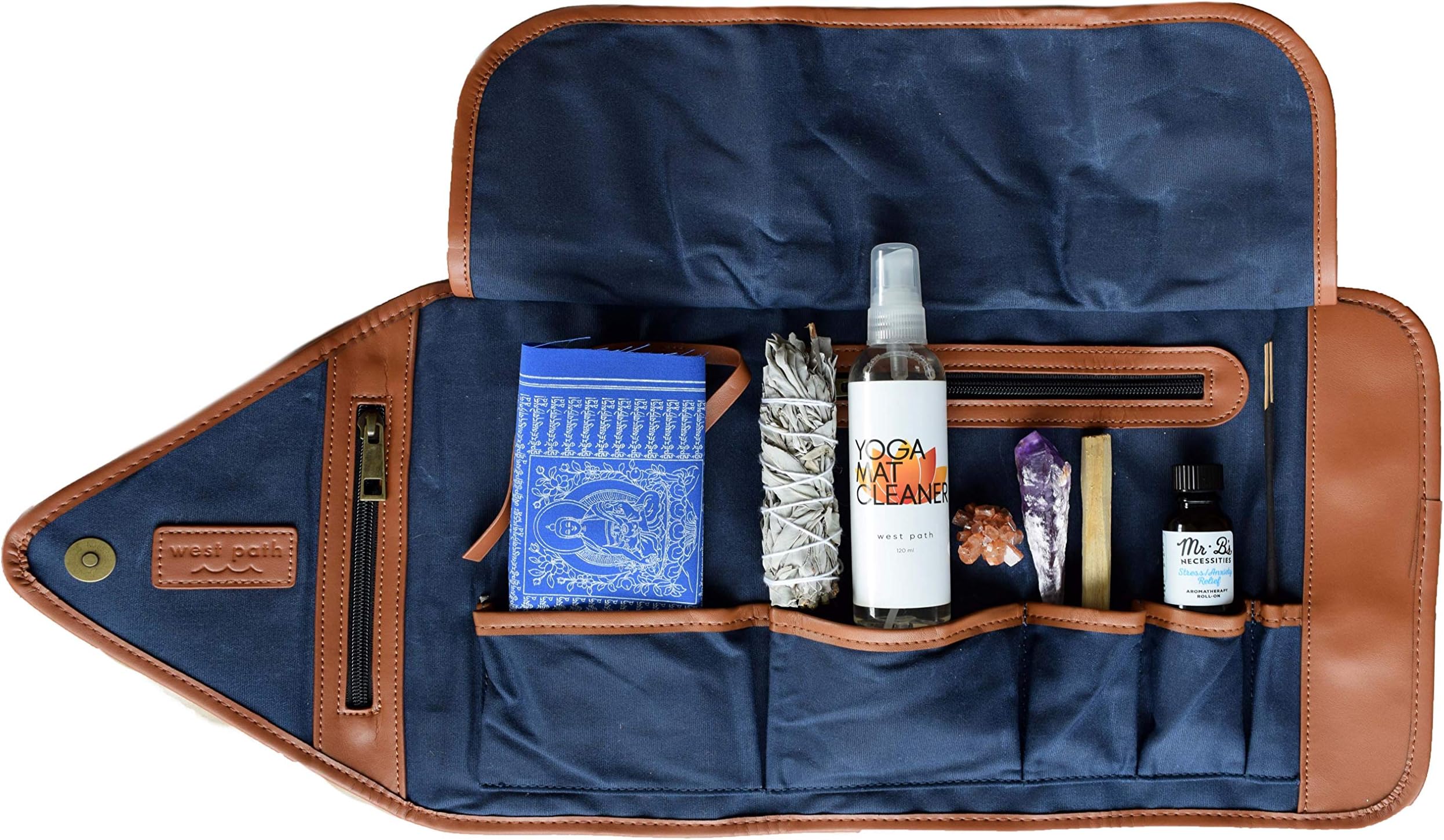 Meditation Kit - Healing Chakra Crystals & Smudge Gift Set | With Aromatherapy Roll On, Amethyst, Aragonite, Sage, Palo Santo, AuroShikha Incense & Canvas Carrier (Amethyst + Aragonite Crystals)