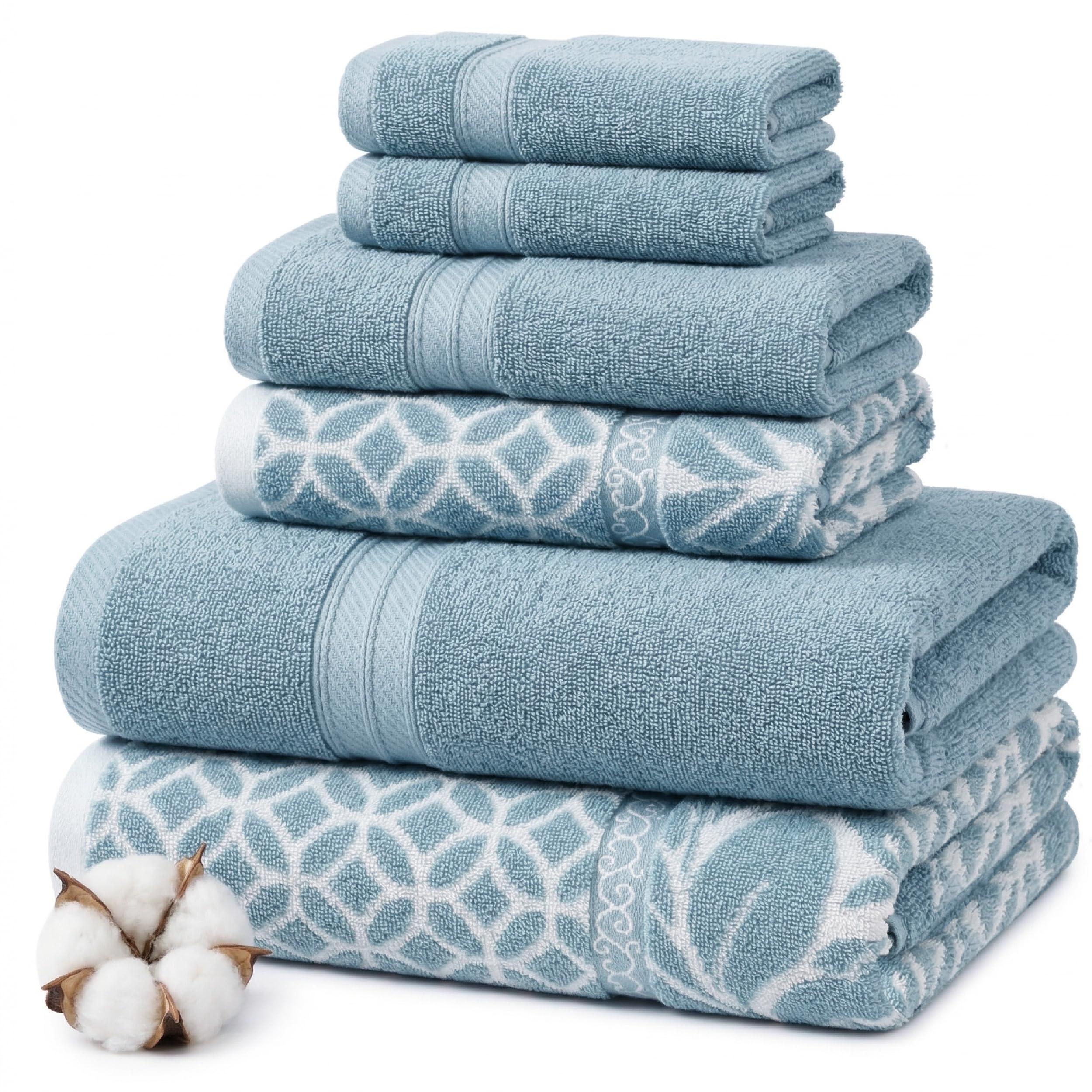 Modern Threads Trefoil Filigree 6-Piece Reversible Yarn Dyed Jacquard Towel Set - Bath Towels, Hand Towels, & Washcloths - Super Absorbent & Quick Dry - 100% Combed Cotton, Sterling Blue