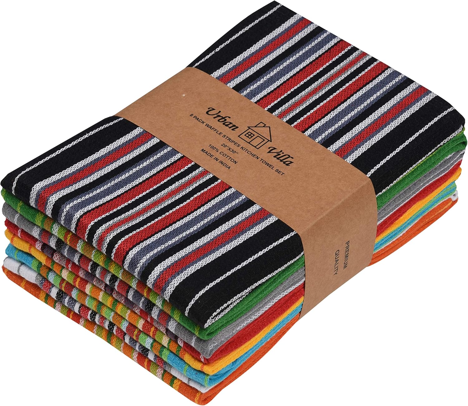 Urban Villa Kitchen Towels, Premium Quality, 100% Cotton Dish Towels, Mitered Corners, Ultra Soft (Size: 20X30 Inch), Multi Color Waffle Stripes, Highly Absorbent Bar Towels & Tea Towels - (Set of 8): Kitchen & Dining