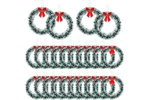 Wavyknot 24 Pcs 12 Inch Christmas Wreath with Red Bow Bulk Artificial Christmas Garland Creative Winter Decoration Christmas Tree Hanging Ornaments for Window Front Door Kitchen Shop Indoor Outdoor