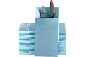 MOYES HOME Baby Blue Dinner Napkins Cloth Like with Built-in Flatware Pocket, Linen-Feel Absorbent Disposable Paper Hand Napkins for Kitchen, Bathroom, Parties, Weddings, Dinners or Events, Pack of 50