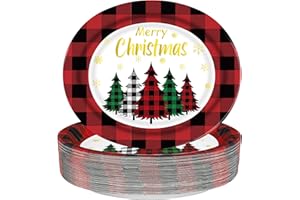 AUGISTEEN Christmas Paper Platters Disposable Christmas Trees Oval Party Plates 10" x 12" Large Buffalo Plaid Xmas Dinner Serving Platters for Xmas Party Supplies Dinnerware Table Decorations, 50 Pcs
