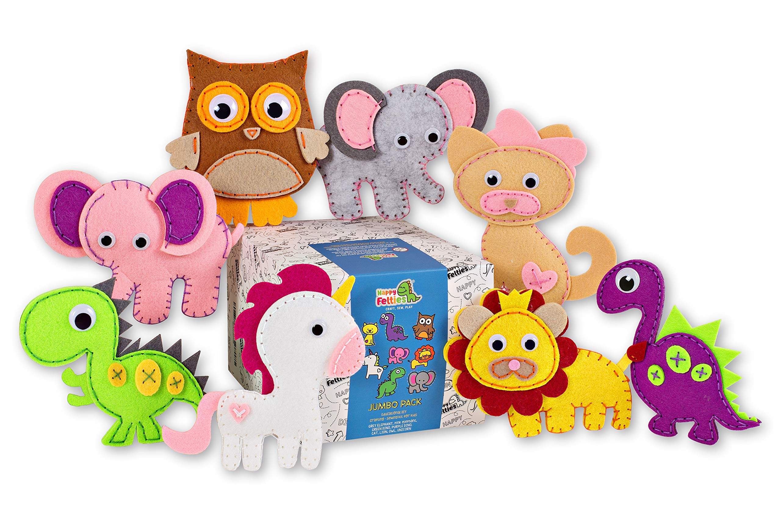 Happy Felties JUMBO Pack (8 Figures) - Felt Animal Crafting Sewing Kit - Fun DIY Stuffed Animal Craft for Kids Boys and Girls