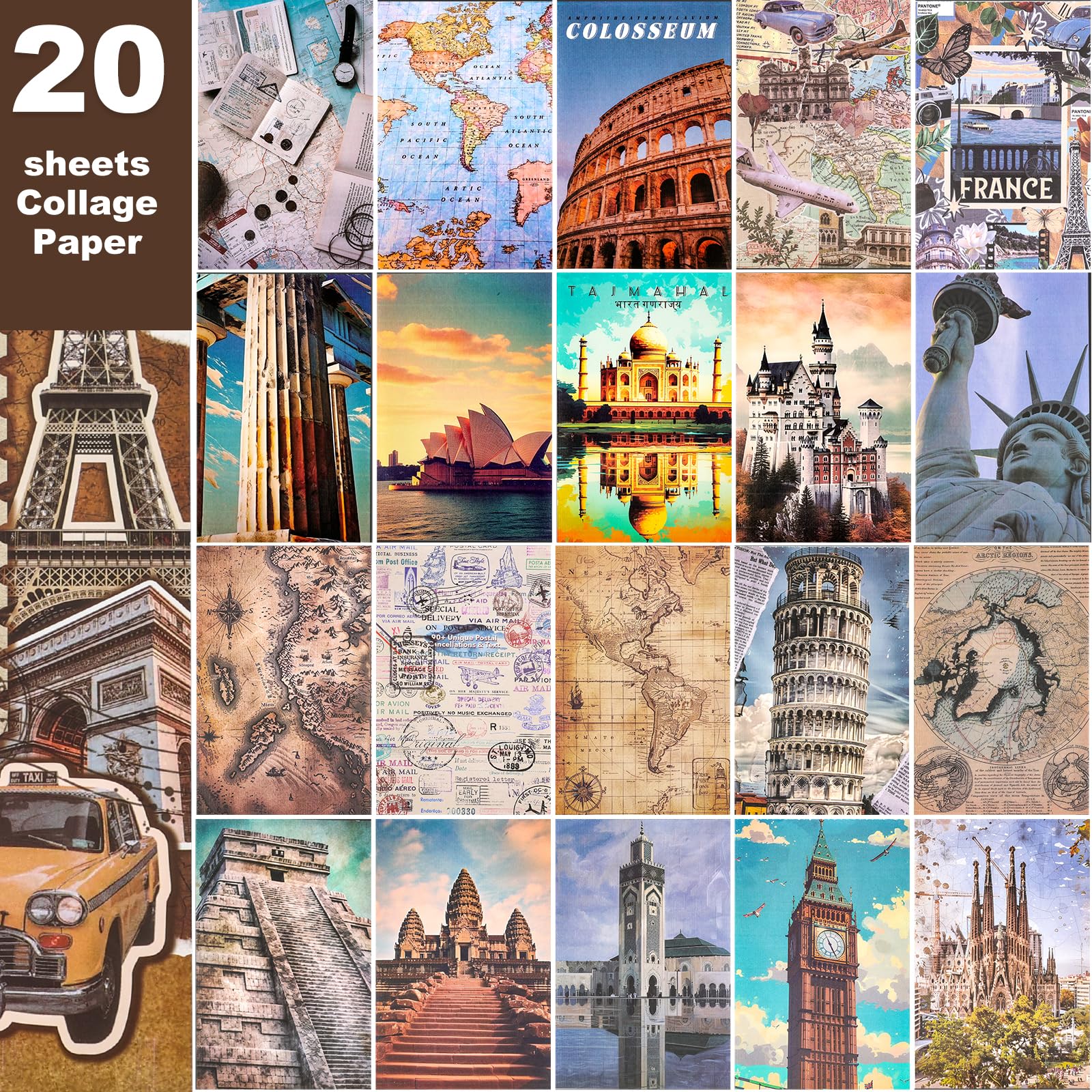 Scrapbook Stickers - 300 Pre-Cut Washi Stickers & 20 Scrapbook Papers for Travel Journaling