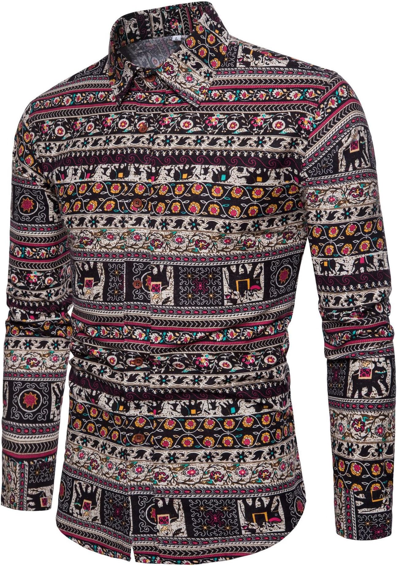 LEFTGU Men's Printed Long Sleeve Slim Fit Button-Down Multicolored Linen Casual Shirts