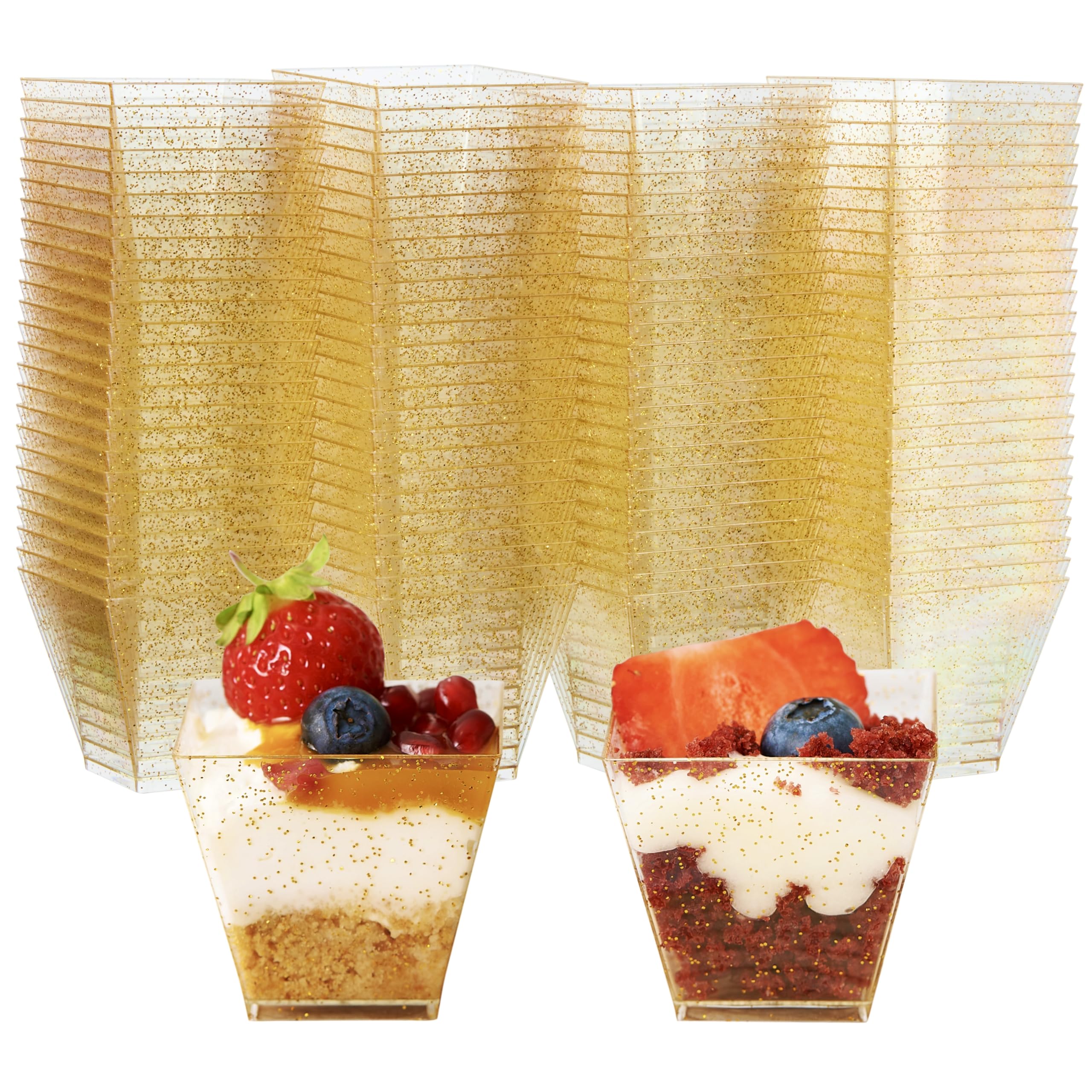 MATANA 100 Mini Hard Plastic Dessert Cups with Gold Glitter for Parties (Square 60ml) - Elegant & Reusable Dessert Pots for Cheesecake, Jelly, Puddings, Mousse, Tiramisu, Trifles