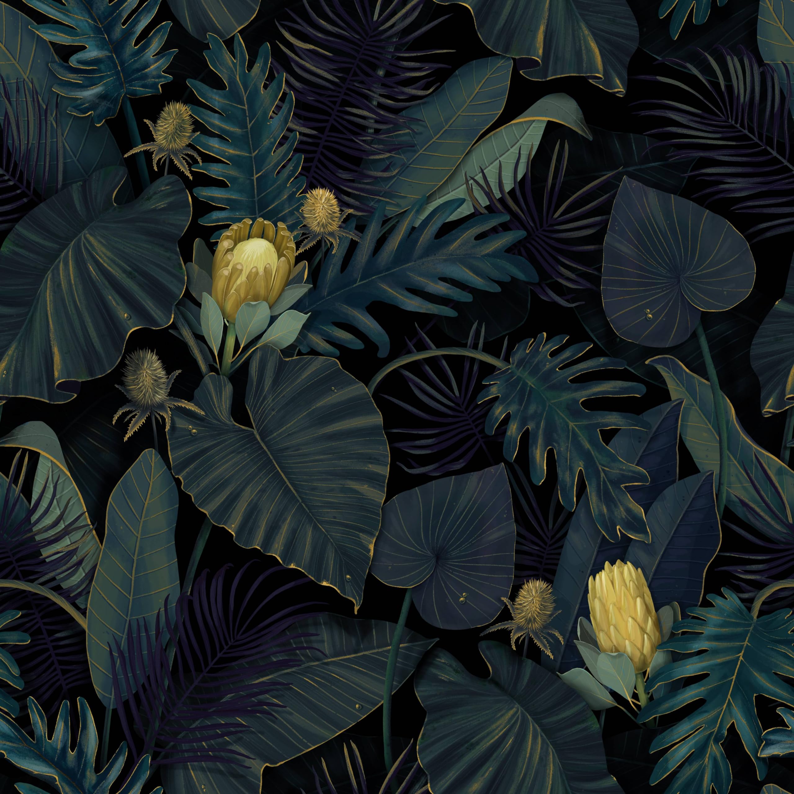 Photo 1 of Tropics Plants Floral Peel and Stick Wallpaper, 17.71in X 118.1in Self Adhesive Removable WallPaper Black/Dark Green/Yellow Contact Paper Waterproof Decorative Vinyl Wallpaper for Bedroom Living Room