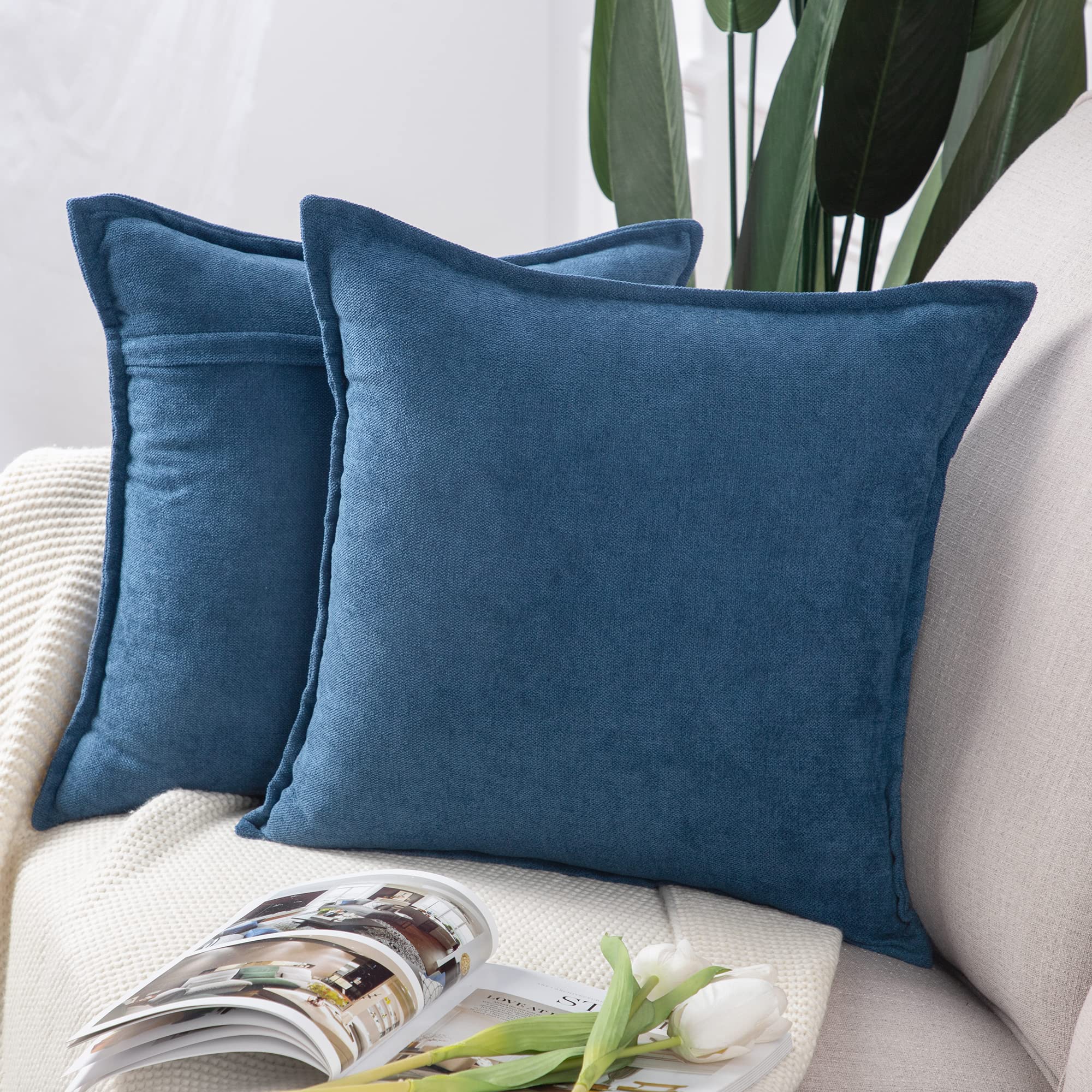 Madizz Set of 2 Short Chenille Throw Pillow Covers 20x20 Inch Denim Blue Soft Decorative Cushion Cover for Sofa Bedroom Pillow Shell