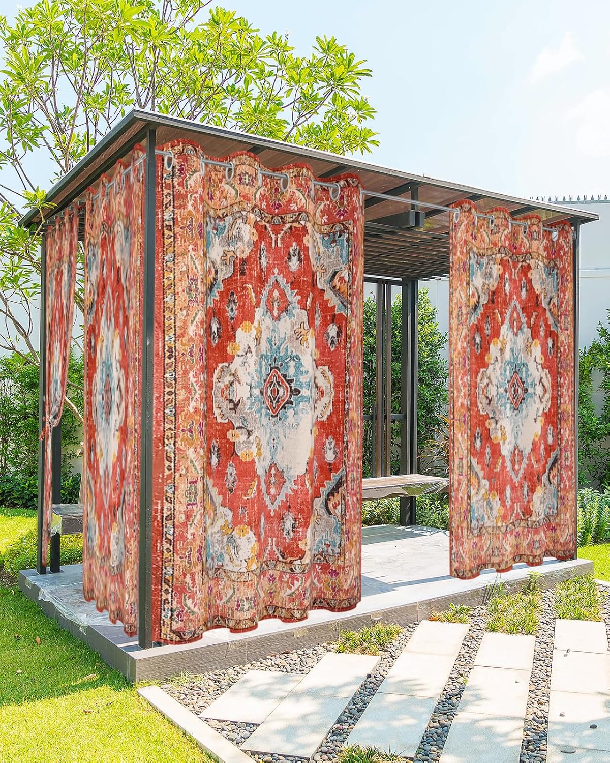 Outdoor Curtains - Hokiten Red Boho Outdoor Curtains for Patio, Waterproof Porch Curtain, Modern Geometric Vintage Abstract Art Aesthetics Grommet Privacy Drapes Curtains for Cabana, Deck, 2 Panel, 54