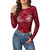 OMSJ Womens Lace Floral Mesh Tops Long Sleeve Sexy See Through Blouse Round Neck Layering Top Shirts
