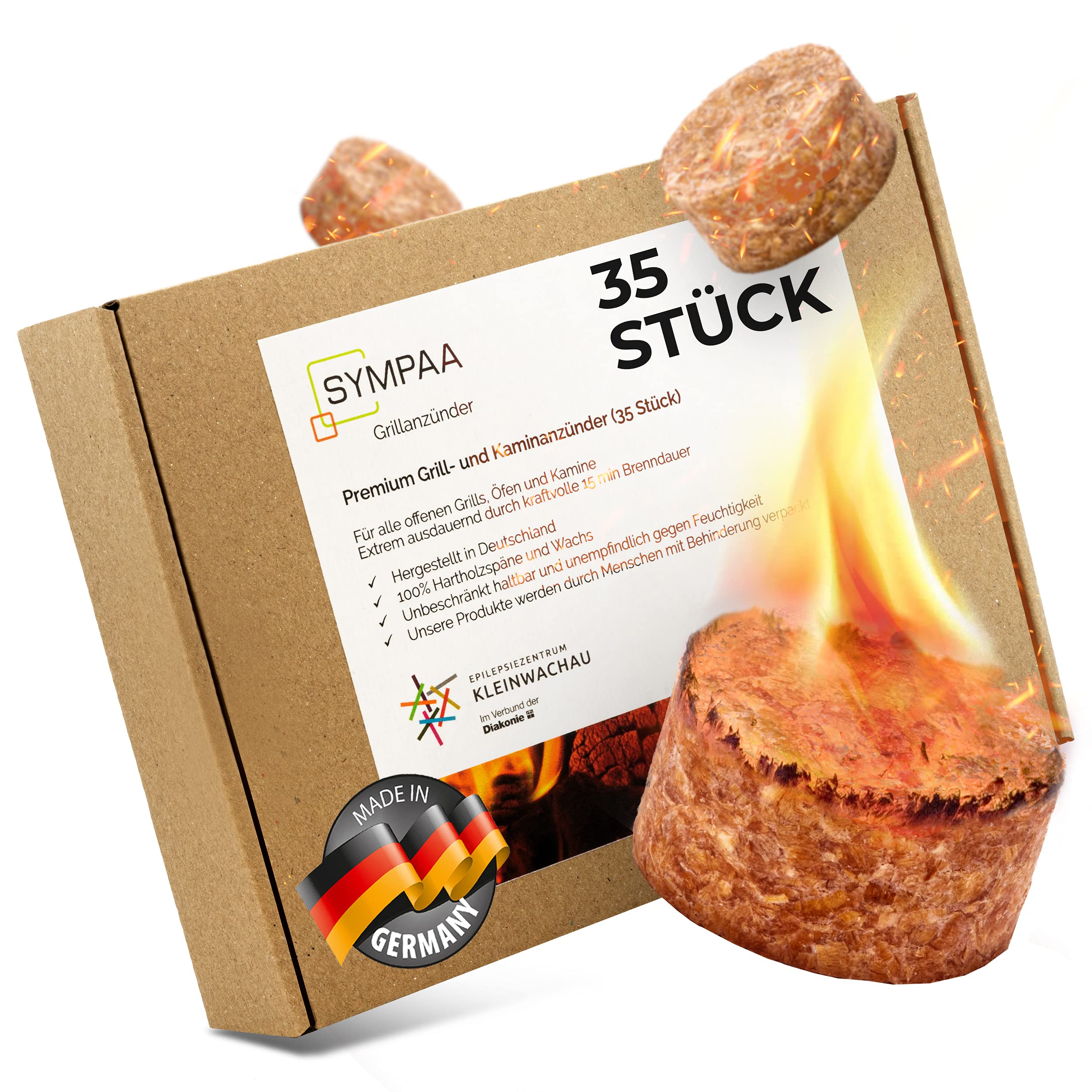 SYMPAA Grillanzünder mit starken 15min XXL Brenndauer | 35 Stück | Öko-Kaminanzünder aus Hartholz und Wachs | Nachhaltige Feueranzünder im Profi-Sparpack