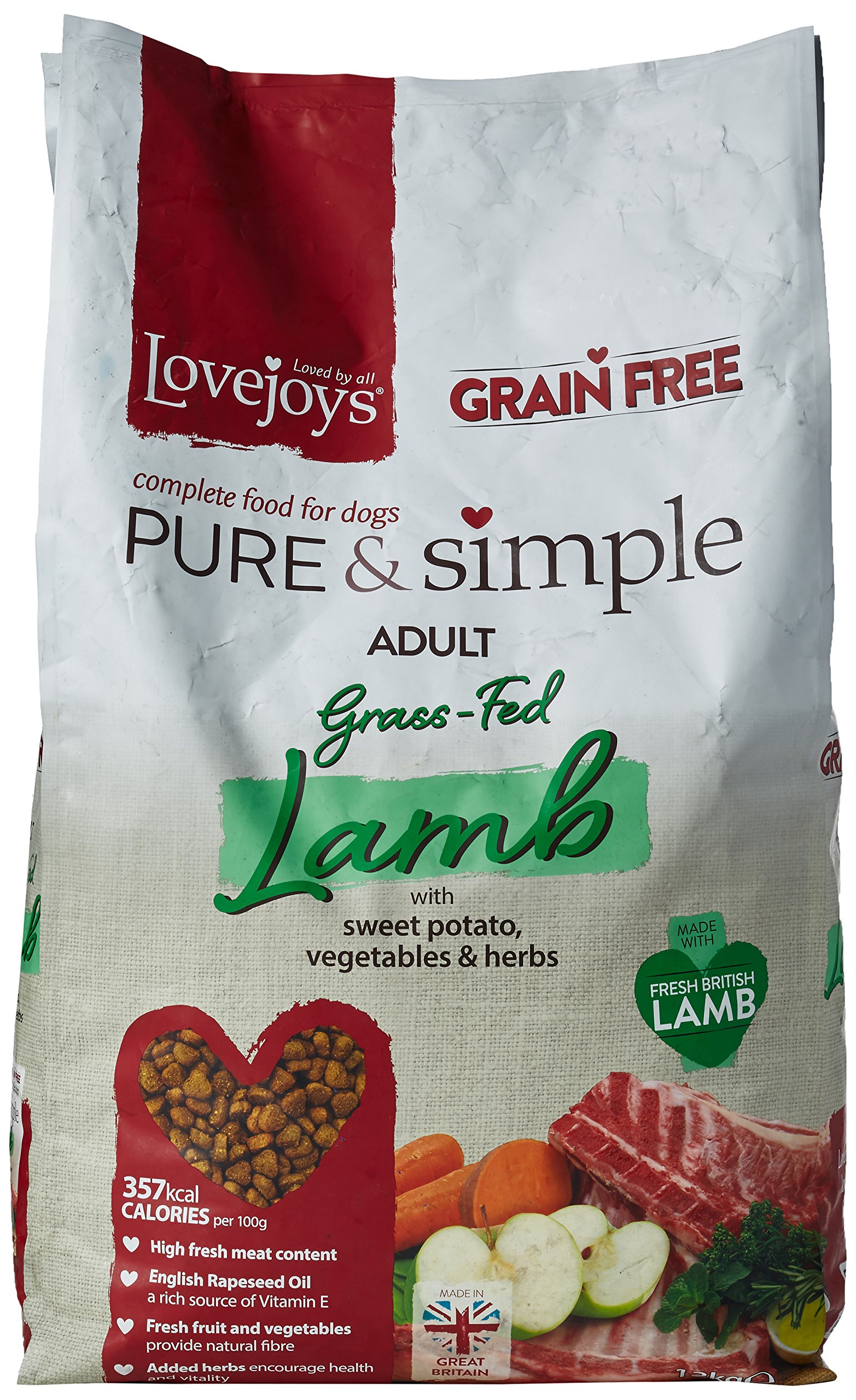 Lovejoys Pure & Simple Grain Free Dry Dog Food: Sensitive Stomach Recipe that's Wheat Free, Naturally Gluten Free, Complete Dog Food Dry - Grass-Fed Lamb, 12kg