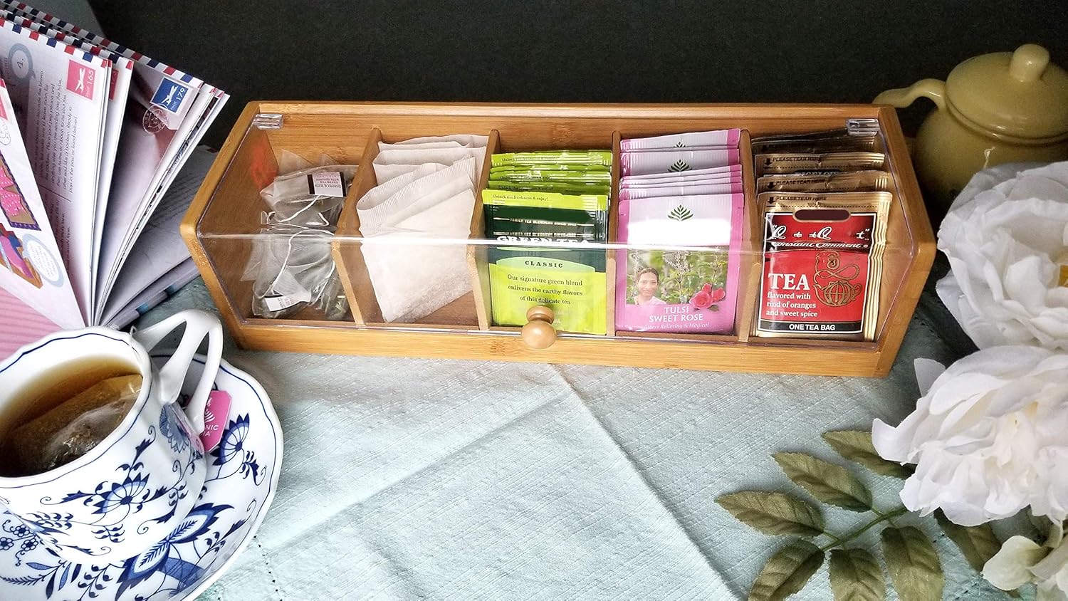 Lipper International 8187 Bamboo Wood and Acrylic Tea Box with 5 Sections, 14" x 5" x 3-3/4": Home & Kitchen